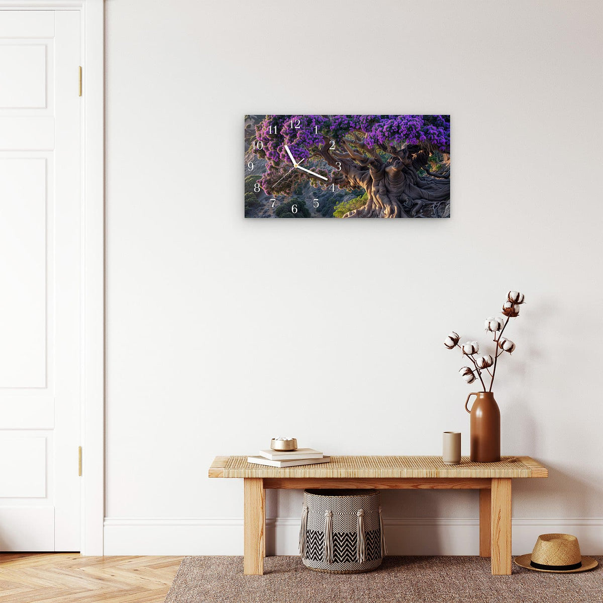 Moderne Wanduhr aus Glas mit Farbtiefe – Wanduhr Alter Weiser Baum aus Glas – Querformat 60 × 30 cm