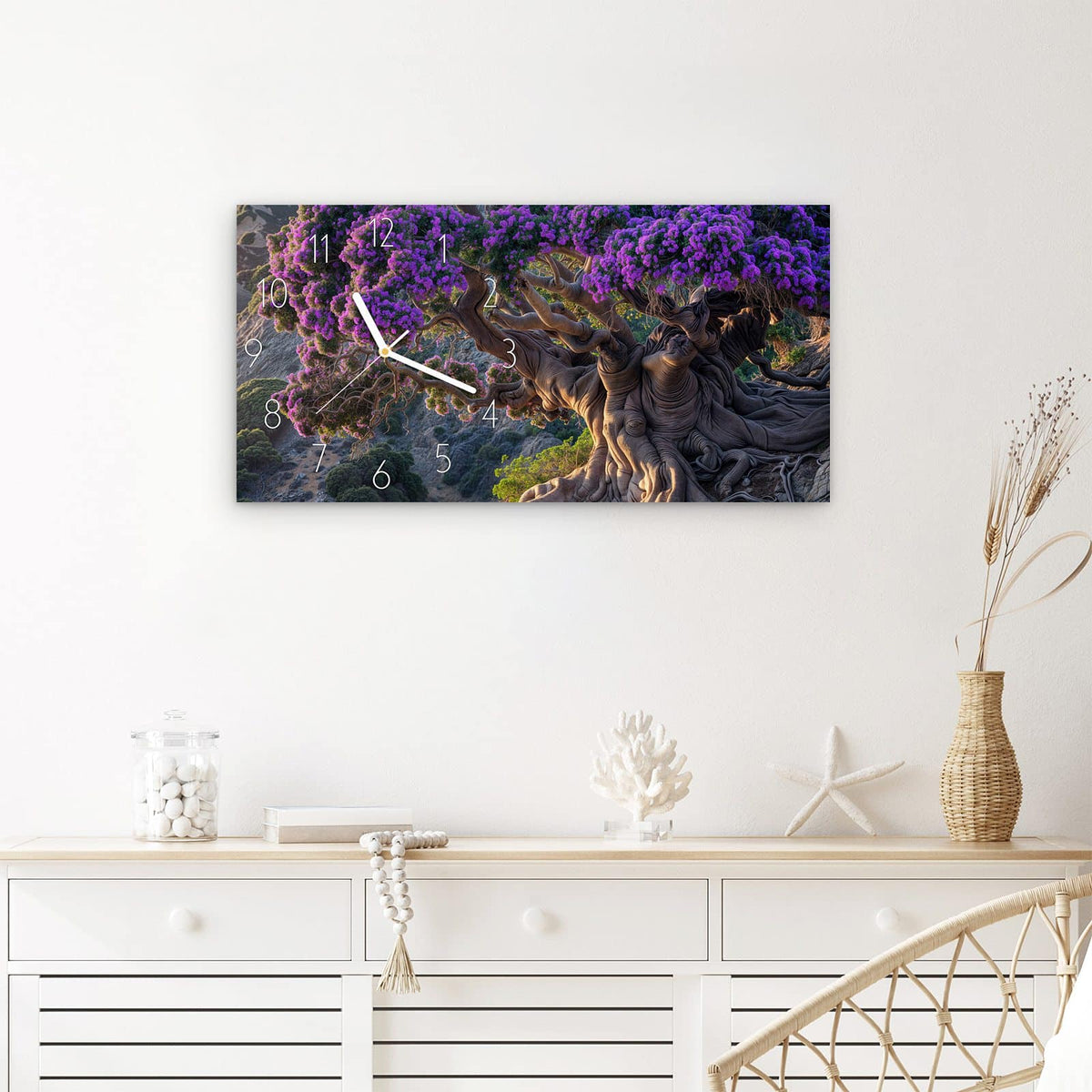 Wanduhr Alter Weiser Baum aus Glas – Querformat 60 × 30 cm – Knorriger Baum mit violetter Krone