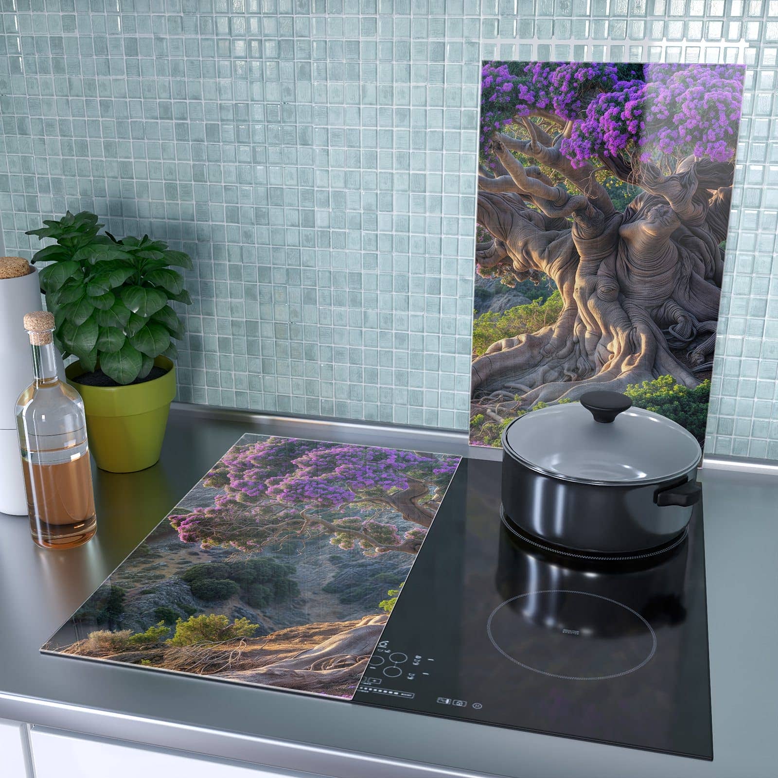 2-teilige Abdeckplatten für Ceranfeld mit Alter Weiser Baum-Motiv als Spritzschutz hinter dem Kochfeld