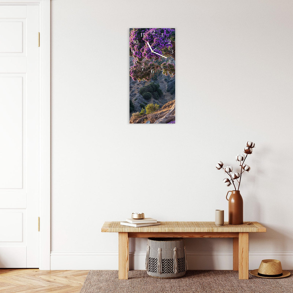 Moderne Wanduhr aus Glas mit Farbtiefe – Wanduhr Alter Weiser Baum aus Glas – Hochformat 30 × 60 cm