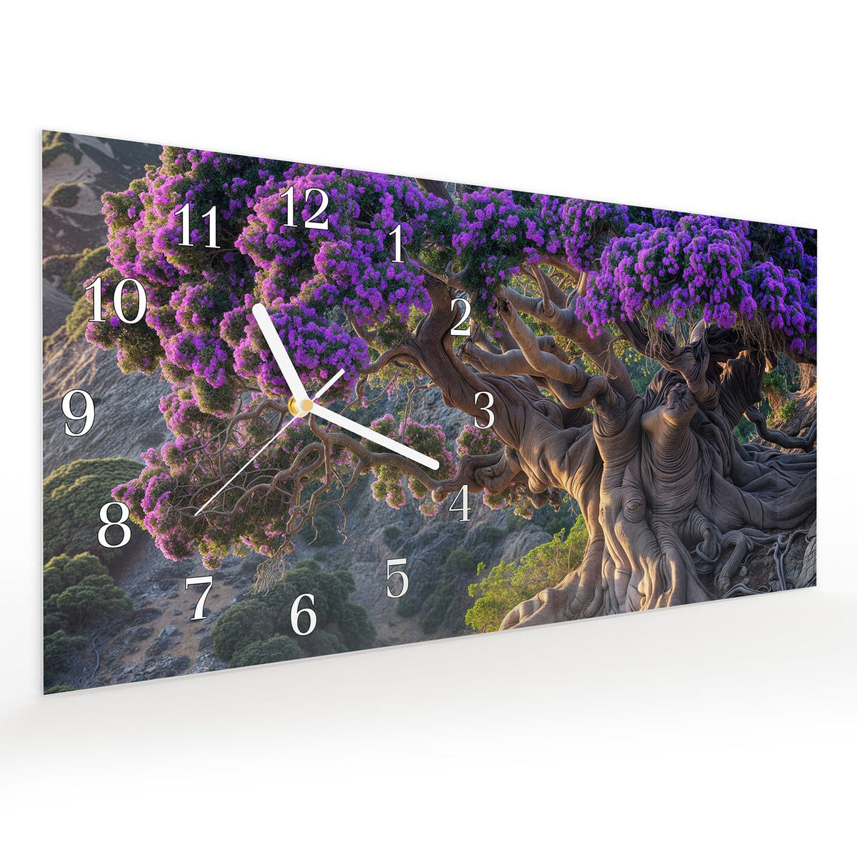 Vormontiert – mit Schwebeeffekt – Wanduhr Alter Weiser Baum aus Glas – Querformat 60 × 30 cm