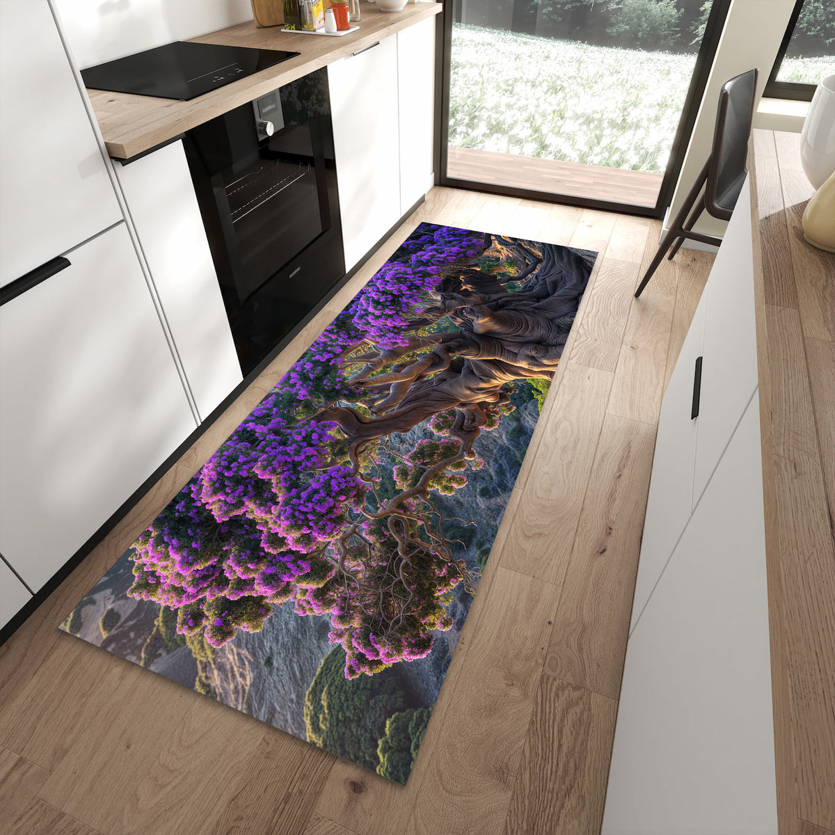 Abriebfester moderner Küchenläufer mit Motiv Alter Weiser Baum in moderner Küche