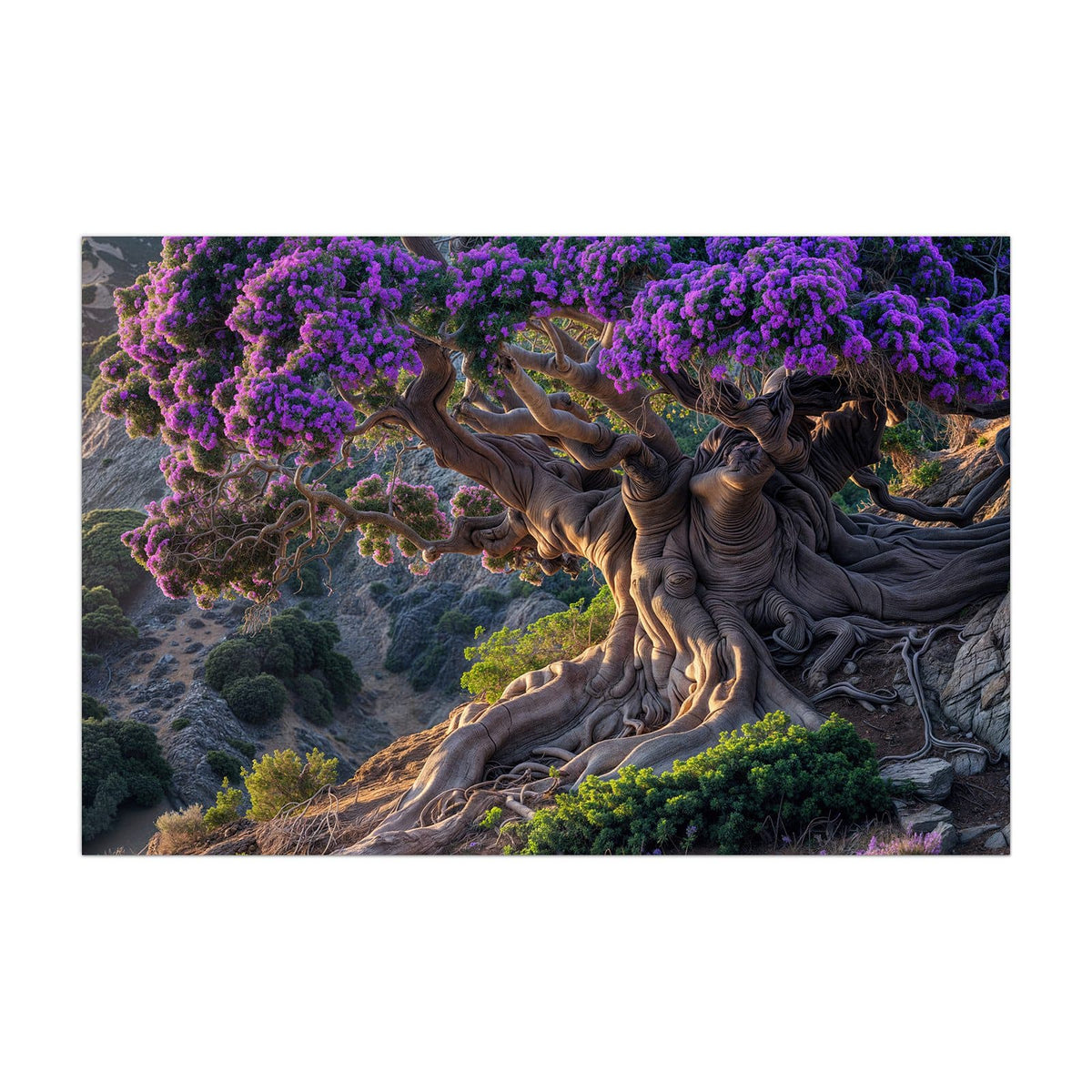 Küchenrückwand aus Glas Baum mit lila Blüten im Hochformat, Motiv bildfüllend von vorn