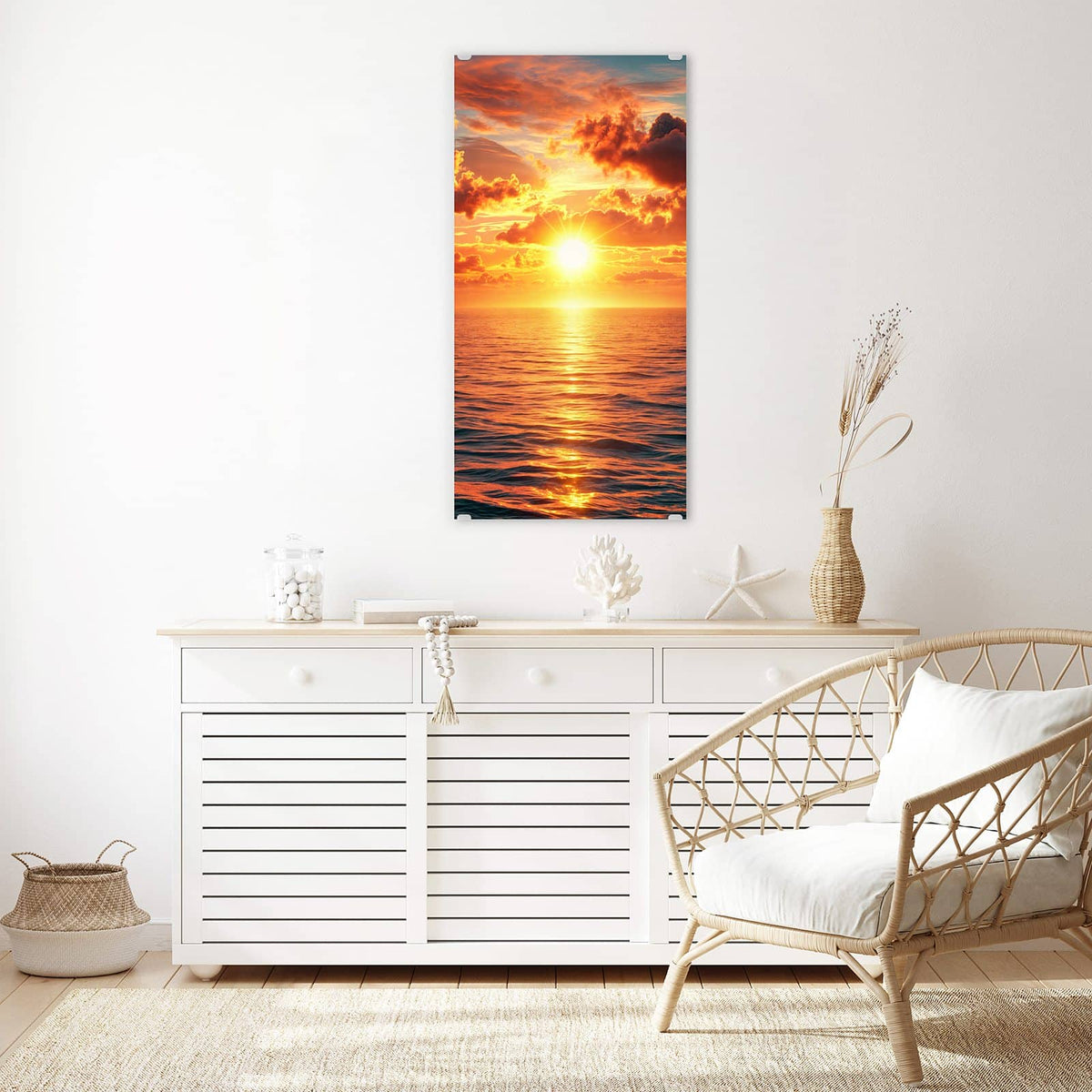 Glasbild Wolken im Abendrot an der Wand – tief stehende Sonne über dem Meer, davor dunkle, glutrot gefärbte Wolken
