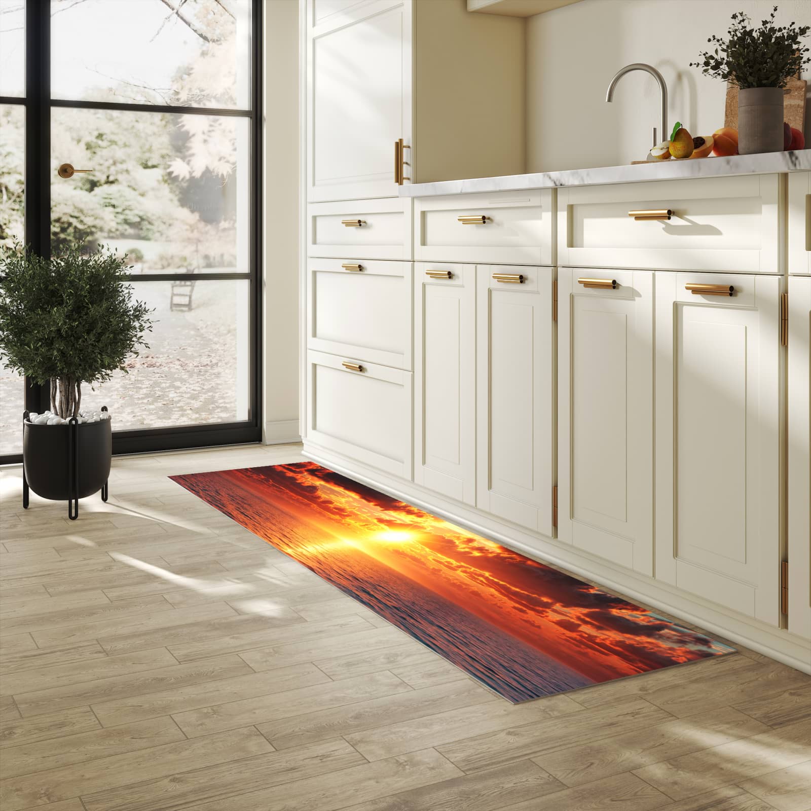 Langlebiger Bodenläufer mit Motiv Sonnenuntergang Meer in heller Küche