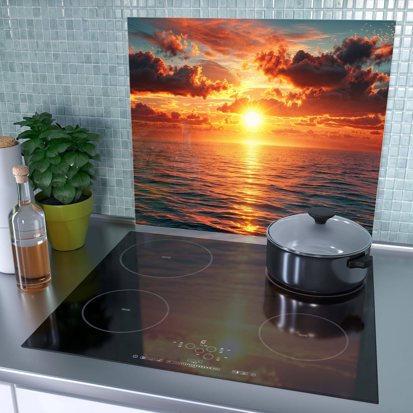 1-teilige Herdabdeckung aus Glas mit Sonnenuntergang Meer-Motiv als Spritzschutz hinter dem Kochfeld