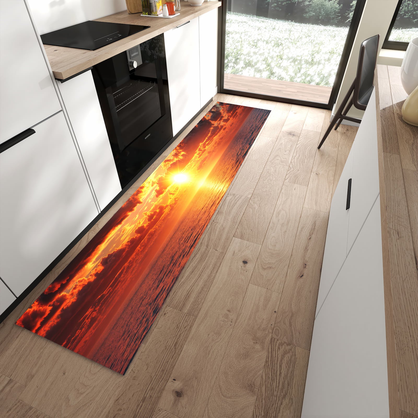 Pflegeleichter Küchenteppich mit Motiv Sonnenuntergang Meer in moderner Küche