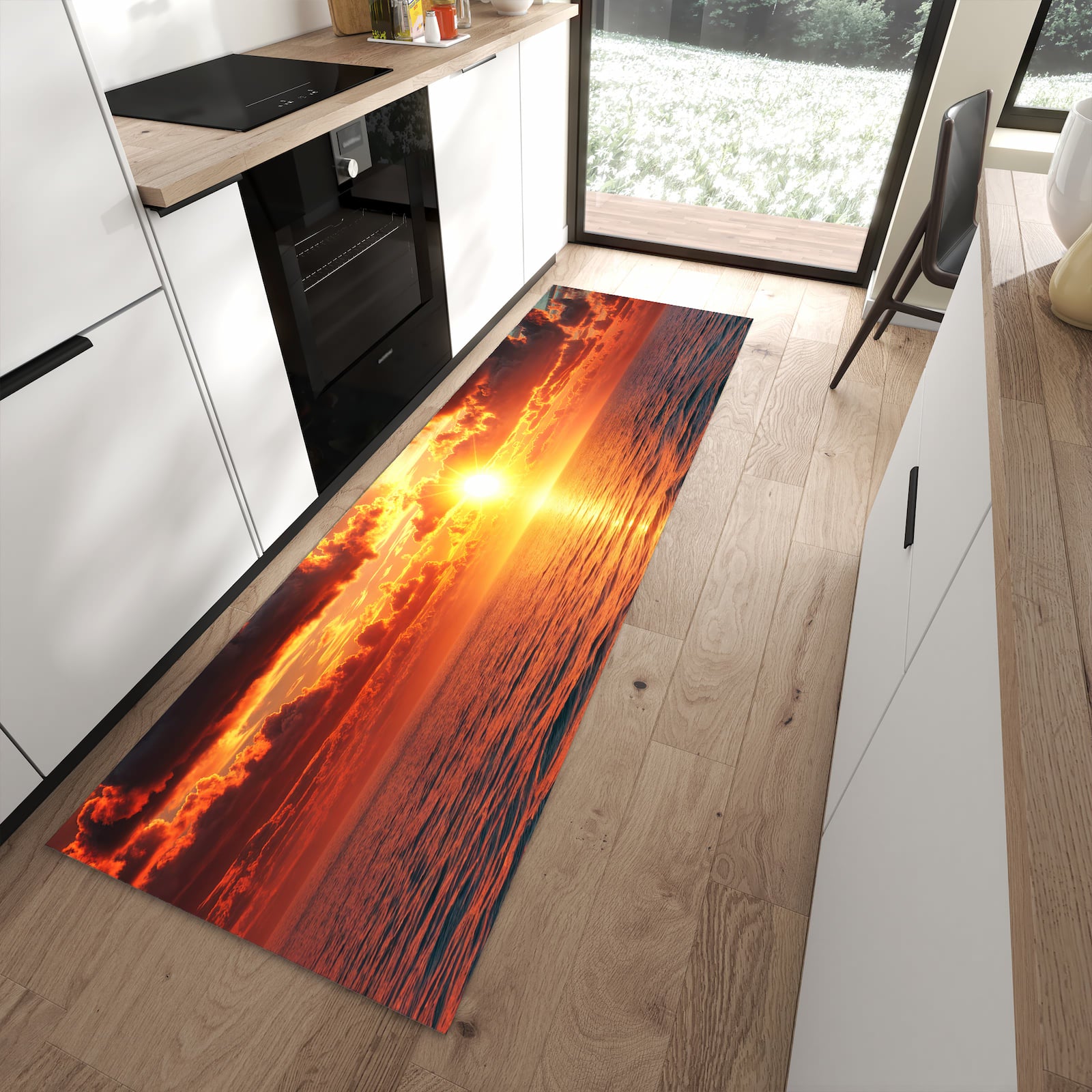 Küchenteppich mit Motiv Sonnenuntergang Meer für angenehme Haptik in moderner Küche