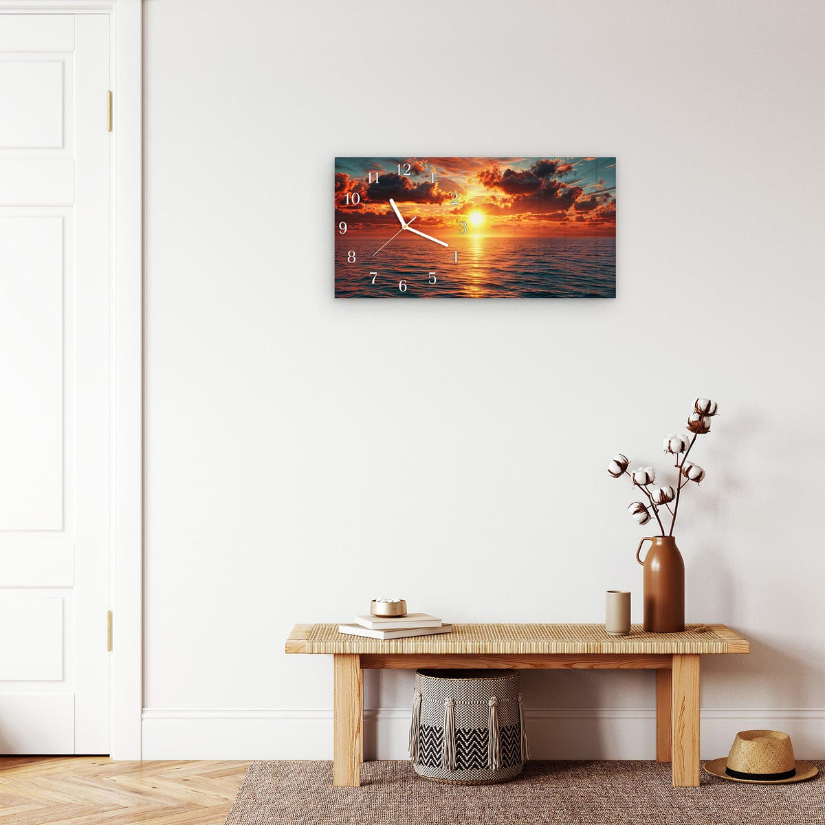 Moderne Wanduhr aus Glas mit Farbtiefe – Wanduhr Abendsonne Meer aus Glas – Querformat 60 × 30 cm