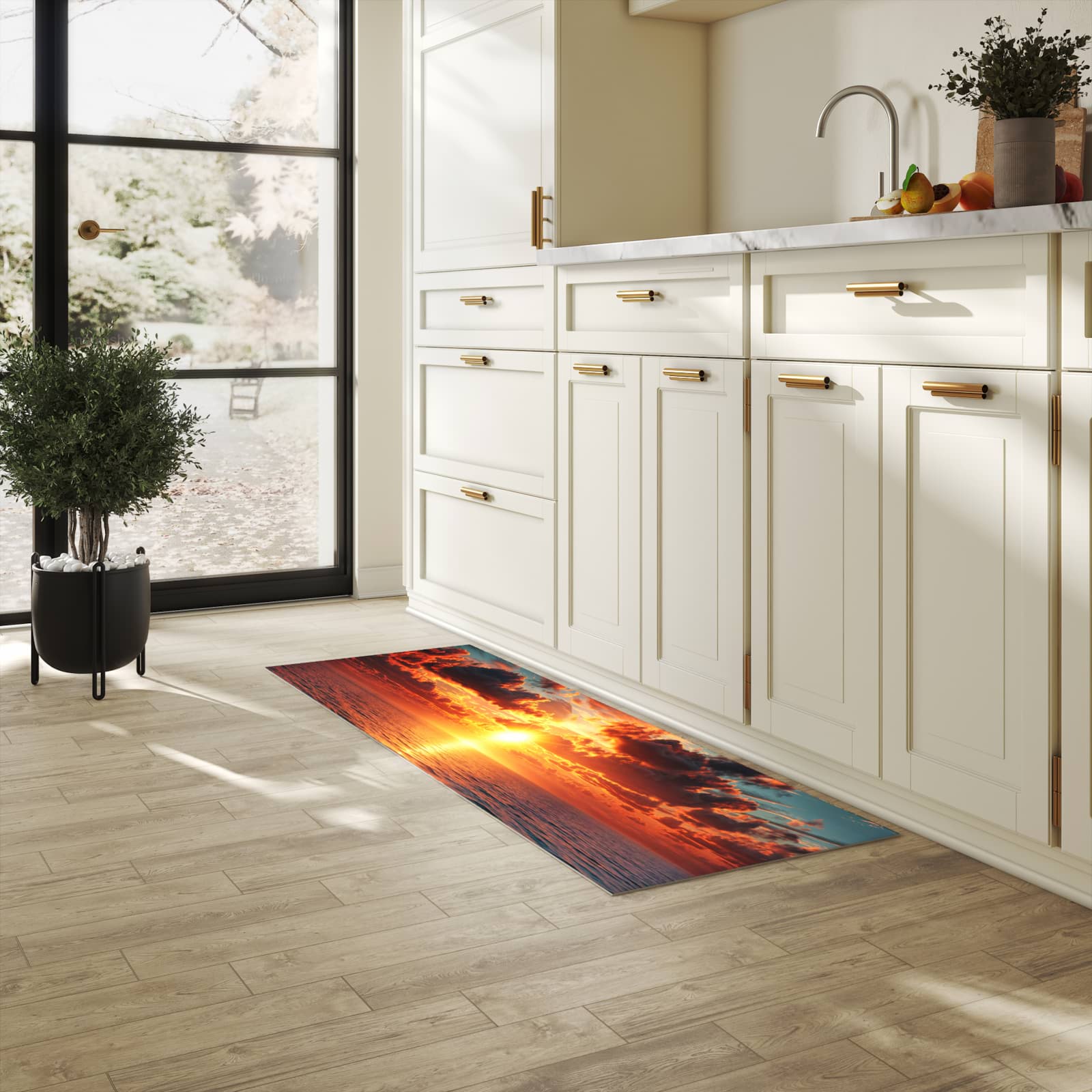 Waschbarer rutschfester Küchenteppich mit Motiv Sonnenuntergang Meer in heller Küche