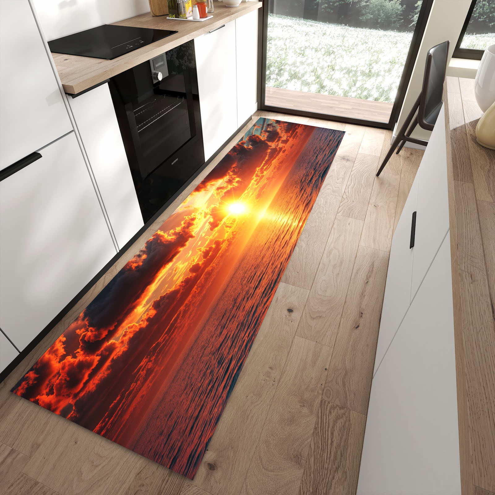 Hygienischer Küchenteppich mit Motiv Sonnenuntergang Meer in moderner Küche - leicht waschbar