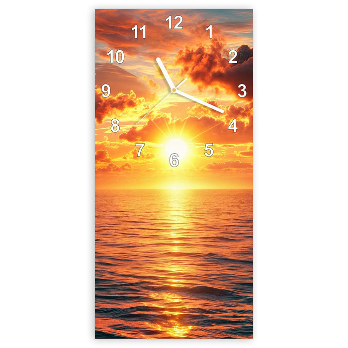 Wanduhr Abendsonne Meer aus Glas – Hochformat 30 × 60 cm mit Ziffernblatt Modern