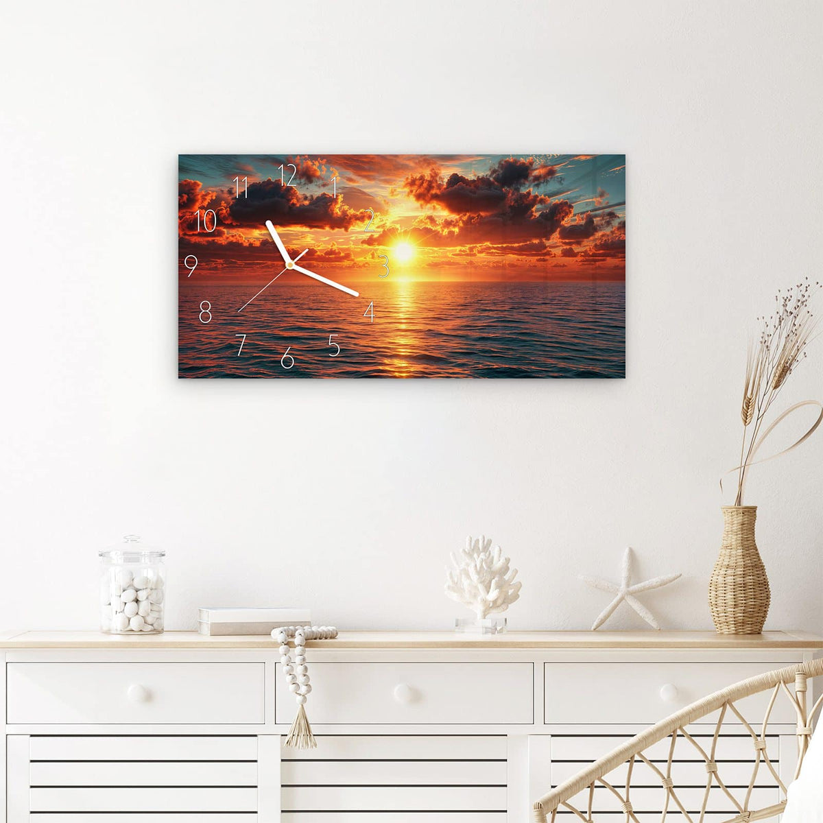 Wanduhr Abendsonne Meer aus Glas – Querformat 60 × 30 cm – Tiefe Sonne über dunklen Wolken