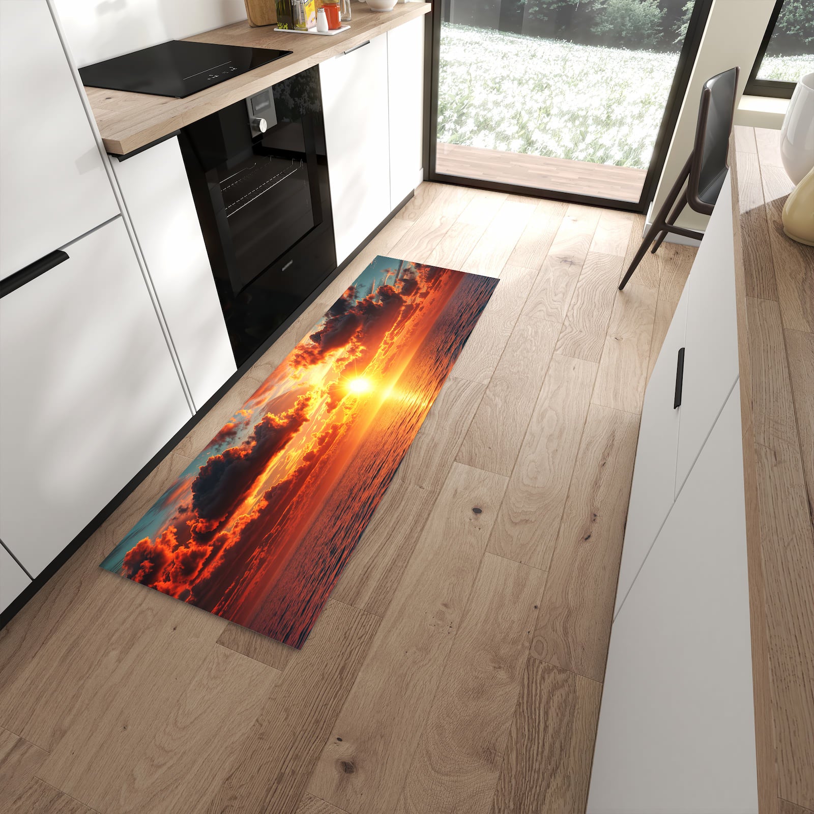 Langlebiger Bodenläufer mit Motiv Sonnenuntergang Meer in moderner Küche