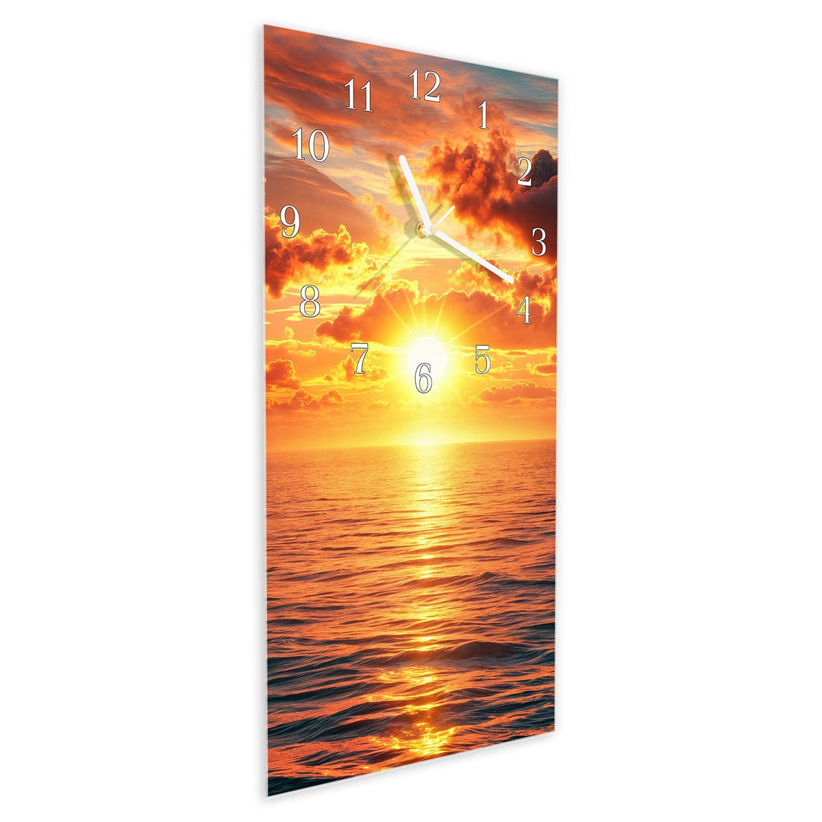 Vormontiert – mit Schwebeeffekt – Wanduhr Abendsonne Meer aus Glas – Hochformat 30 × 60 cm
