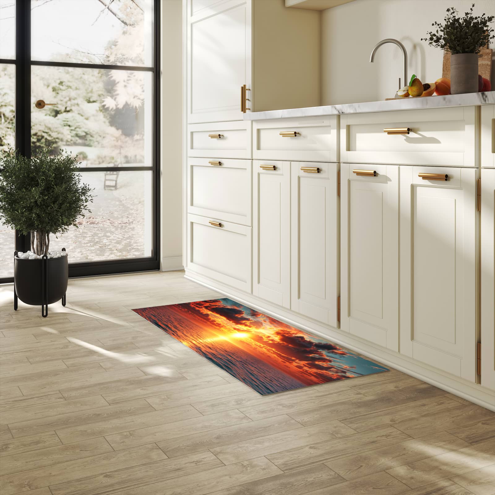 Strapazierfähiger Teppich für Esstisch mit Motiv Sonnenuntergang Meer in heller Küche