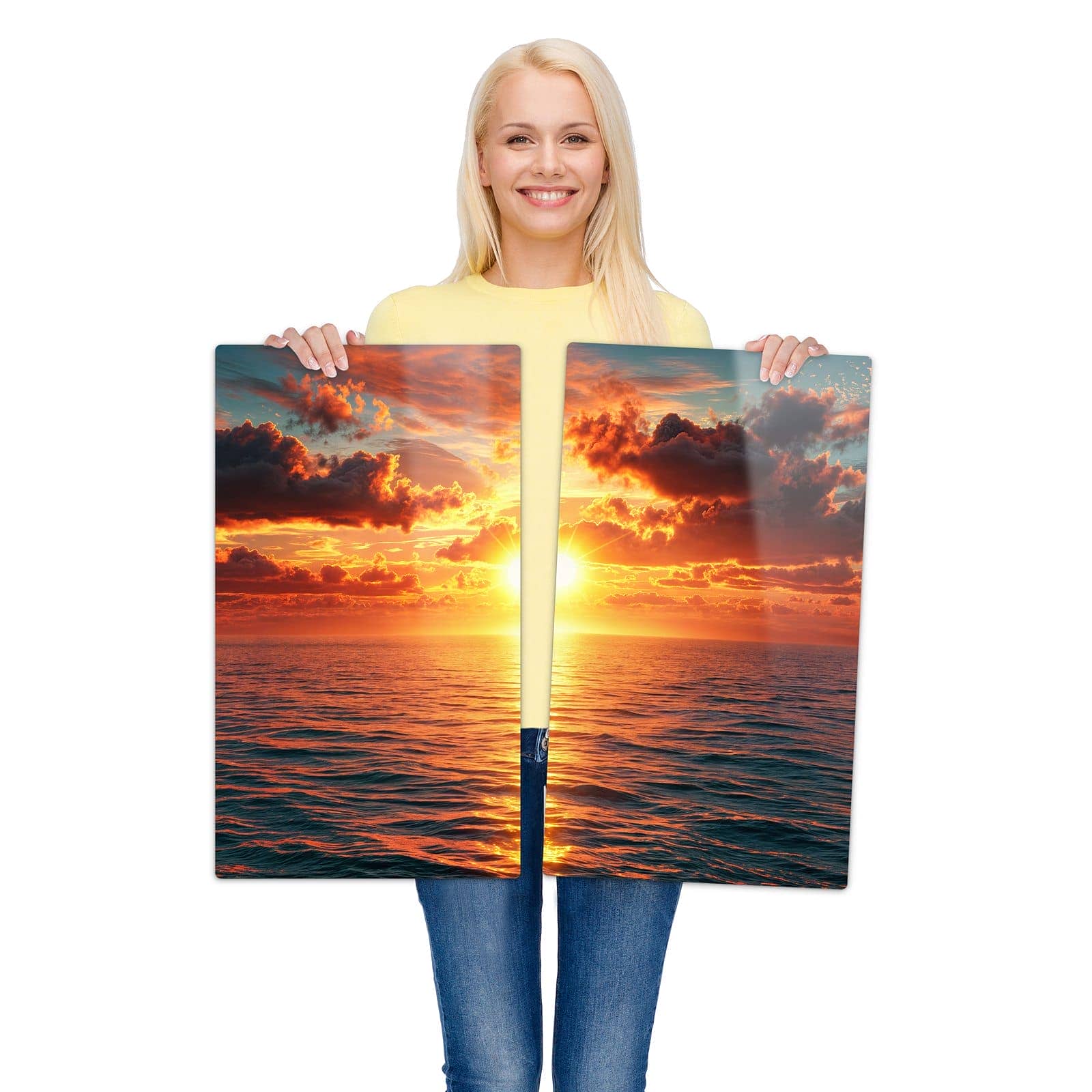 2-teilige Herdabdeckung mit Sonnenuntergang Meer-Motiv wird zur Größendarstellung gehalten