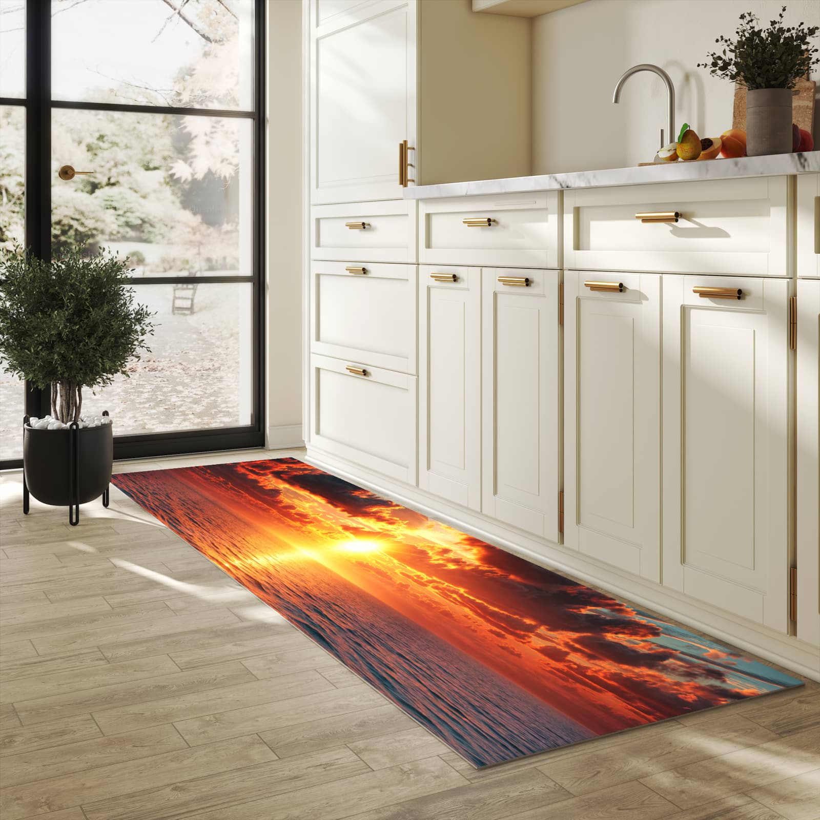 Farbbeständiger Küchenteppich mit Motiv Sonnenuntergang Meer in heller Küche