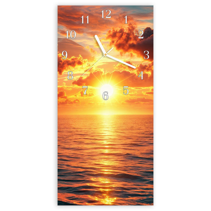 Wanduhr Abendsonne Meer aus Glas – Hochformat 30 × 60 cm mit Ziffernblatt Klassisch