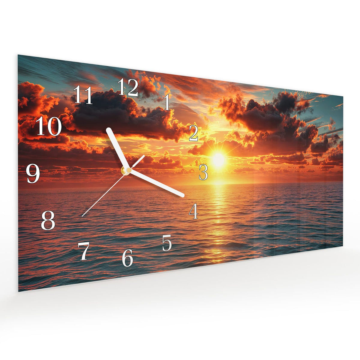 Vormontiert – mit Schwebeeffekt – Wanduhr Abendsonne Meer aus Glas – Querformat 60 × 30 cm