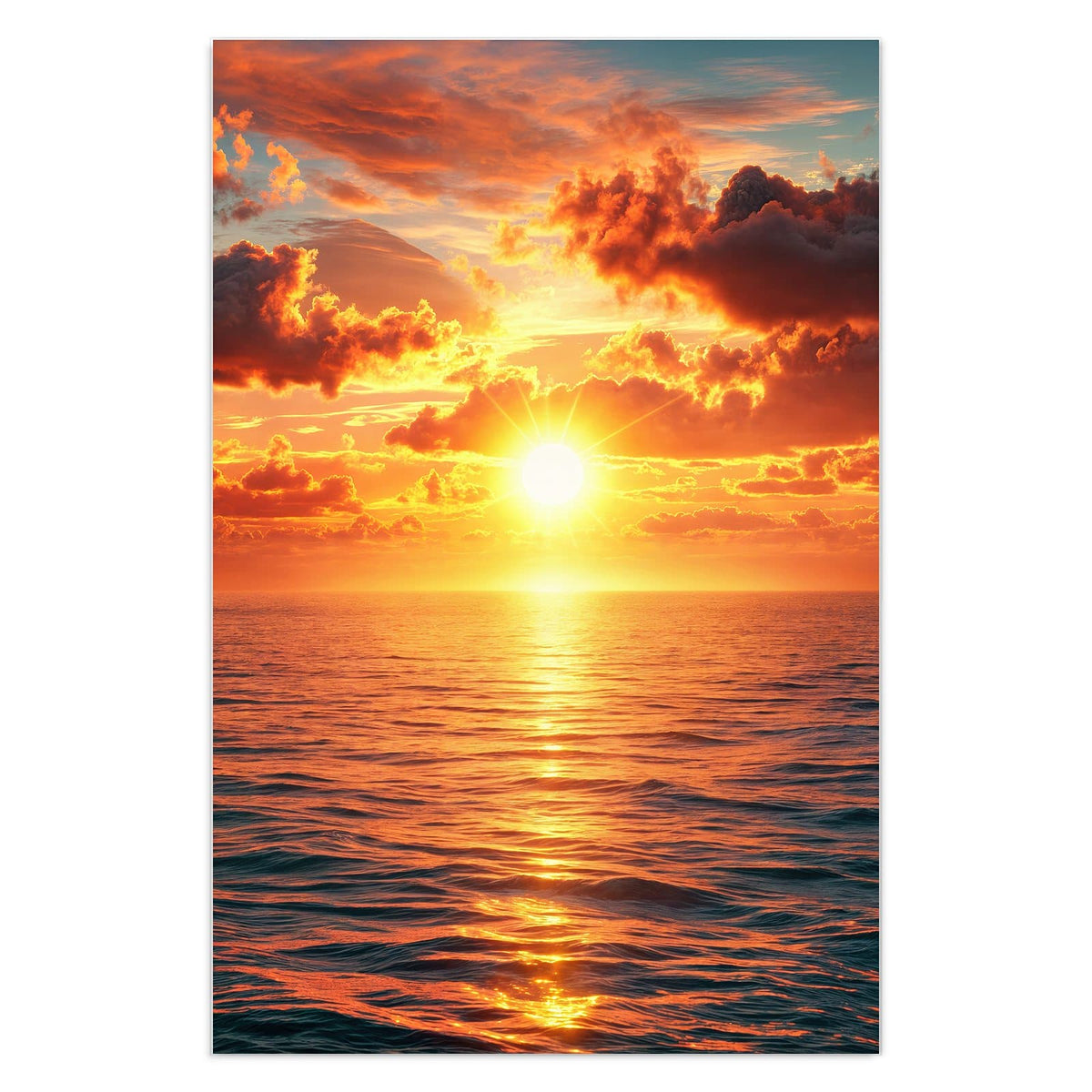 tief stehende Sonne über dem Meer, davor dunkle, glutrot gefärbte Wolken