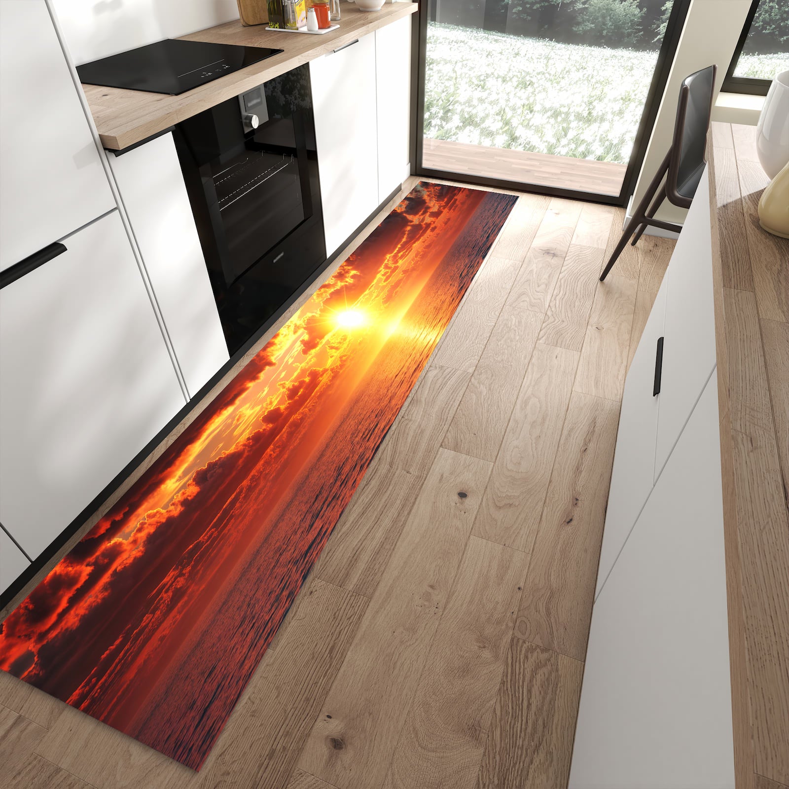 Komfortabler waschbarer Küchenteppich mit Motiv Sonnenuntergang Meer in moderner Küche