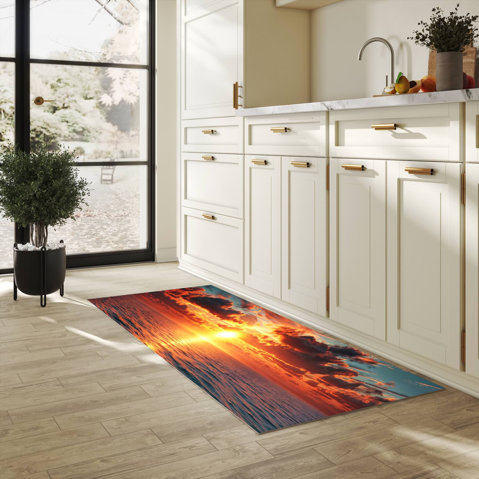 Küchenteppich mit Motiv Sonnenuntergang Meer für Ordnung & Übersicht in heller Küche
