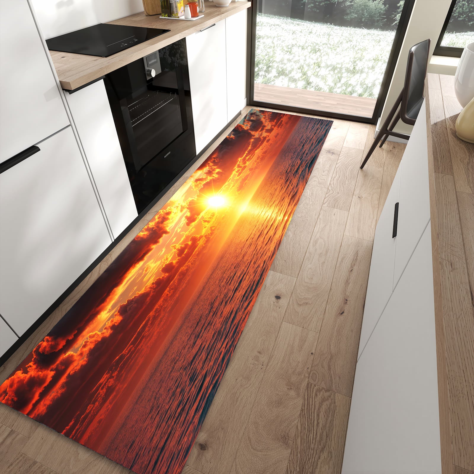 Strapazierfähiger waschbarer Küchenteppich mit Motiv Sonnenuntergang Meer in moderner Küche