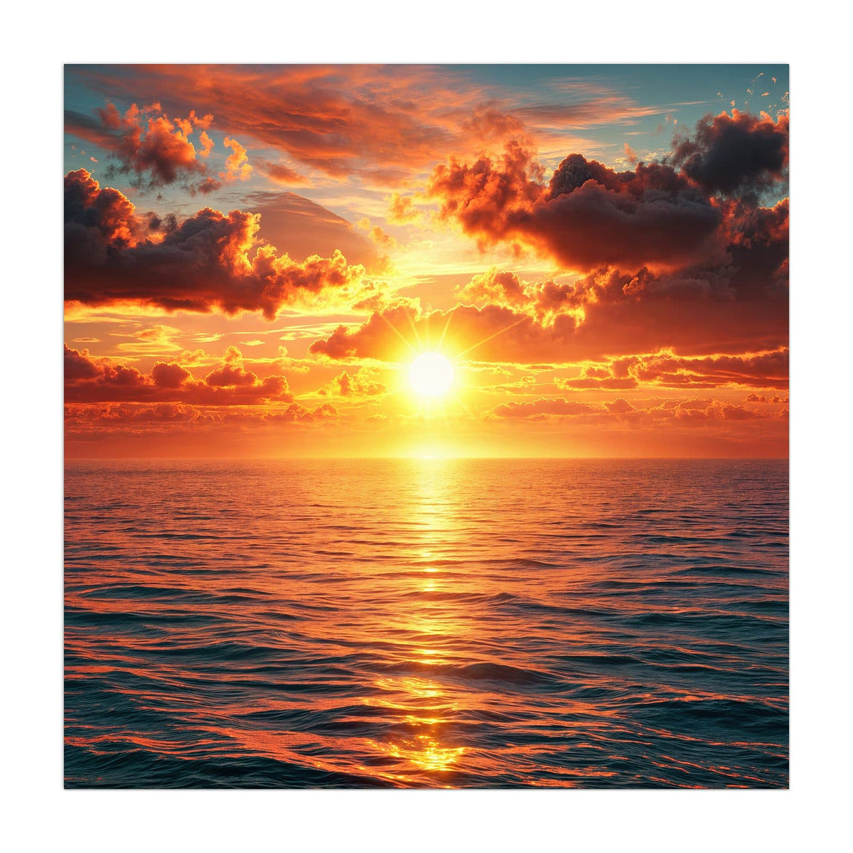 tief stehende Sonne über dem Meer, davor dunkle, glutrot gefärbte Wolken