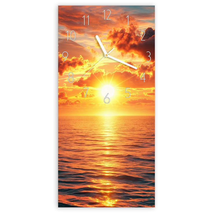 Wanduhr Abendsonne Meer aus Glas – Hochformat 30 × 60 cm mit Ziffernblatt Elegant