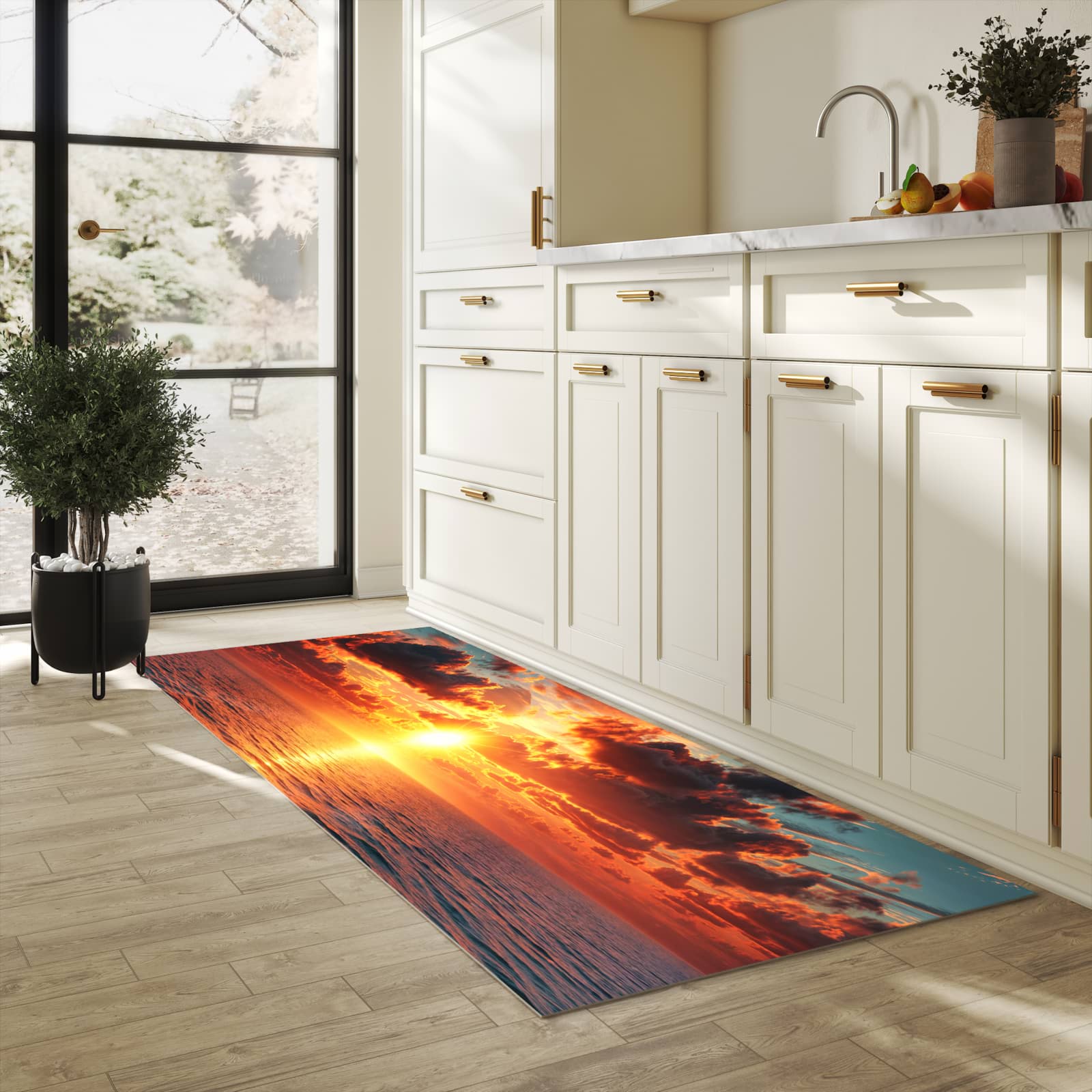 Zeitsparender großer Küchenteppich mit Motiv Sonnenuntergang Meer in heller Küche