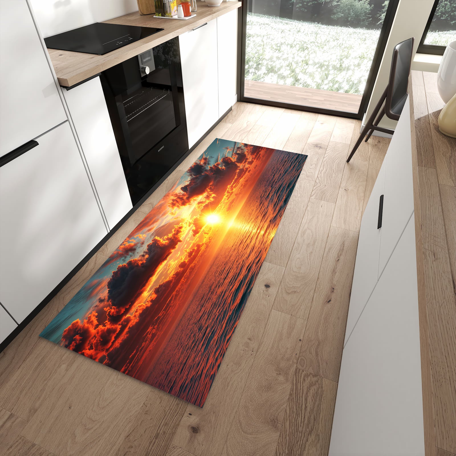 Rutschfester Küchenteppich mit Motiv Sonnenuntergang Meer in moderner Küche - leicht zu reinigen