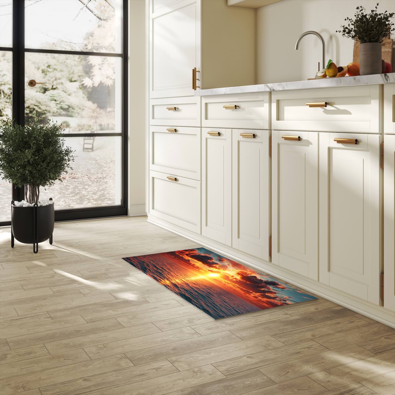Hygienischer Teppich fürs Esszimmer mit Motiv Sonnenuntergang Meer in heller Küche