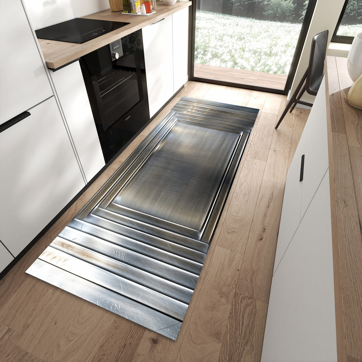 Komfortabler waschbarer Küchenteppich mit Motiv Metallrahmen in moderner Küche