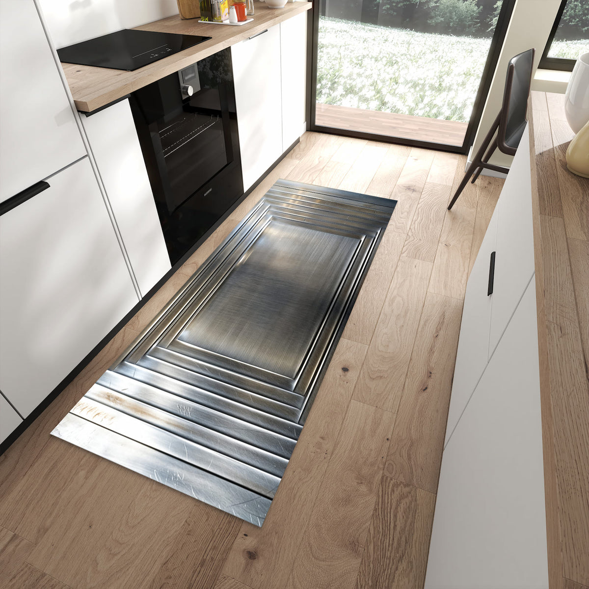 Schmutzabweisender Teppich für Esstisch mit Motiv Metallrahmen in moderner Küche