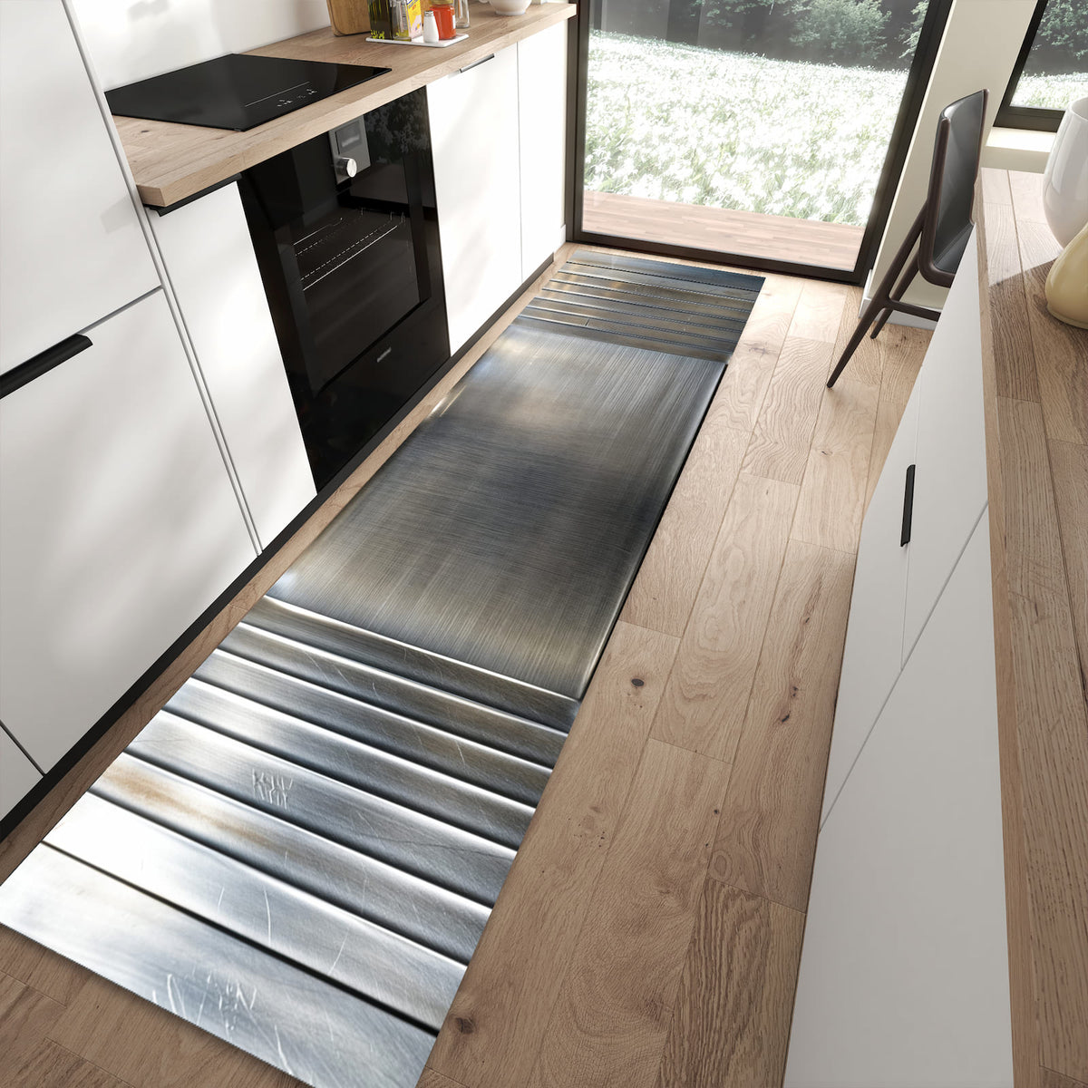 Flacher Bodenläufer mit Motiv Metallrahmen in moderner Küche