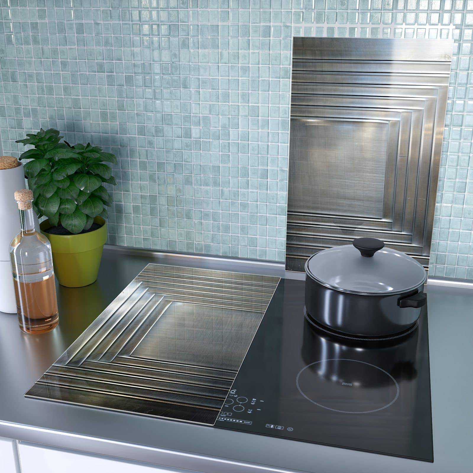 2-teilige Abdeckplatten für den Herd mit Metallrahmen-Motiv als Spritzschutz hinter dem Kochfeld