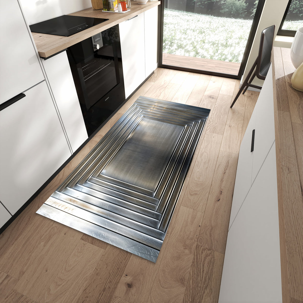 Pflegeleichter Küchenteppich mit Motiv Metallrahmen in moderner Küche