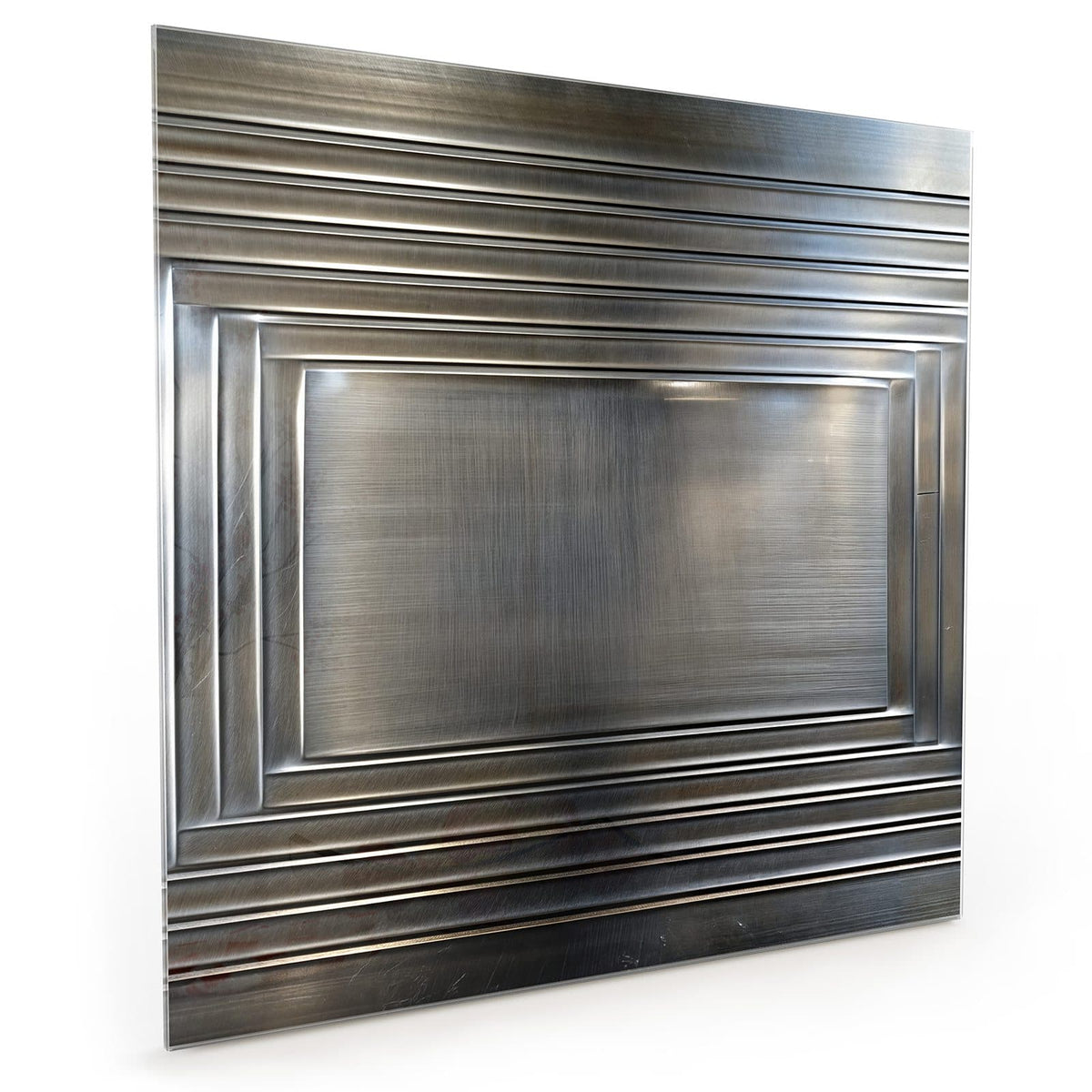 Küchenrückwand aus Glas im quadratischen Format: Gebürstete Metallplatte mit umlaufenden, ineinanderliegenden Rahmenprofilen wie eine Kassettenfüllung #grösse_40 x 40 cm #grösse_50 x 50 cm #grösse_60 x 60 cm