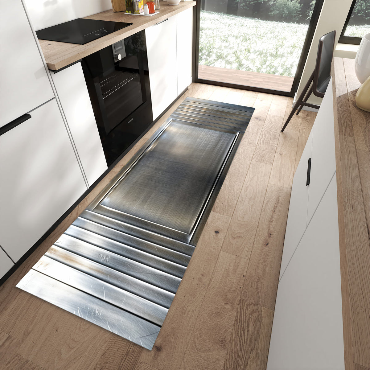 Geruchsneutraler rutschfester Küchenteppich mit Motiv Metallrahmen in moderner Küche