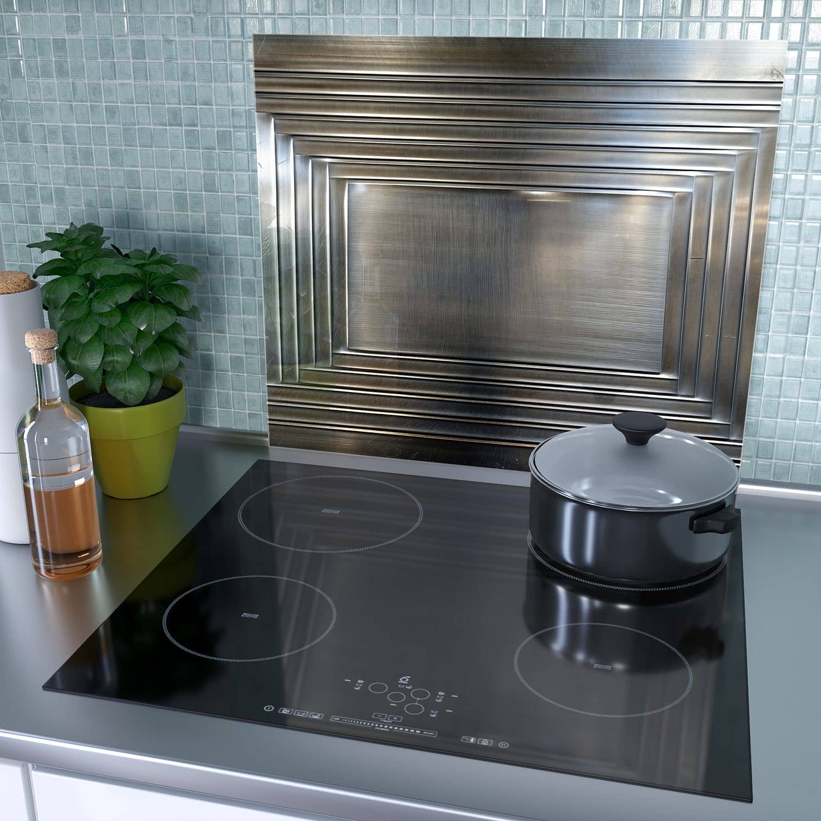 1-teilige Herdabdeckplatte mit Metallrahmen-Motiv als Spritzschutz hinter dem Kochfeld