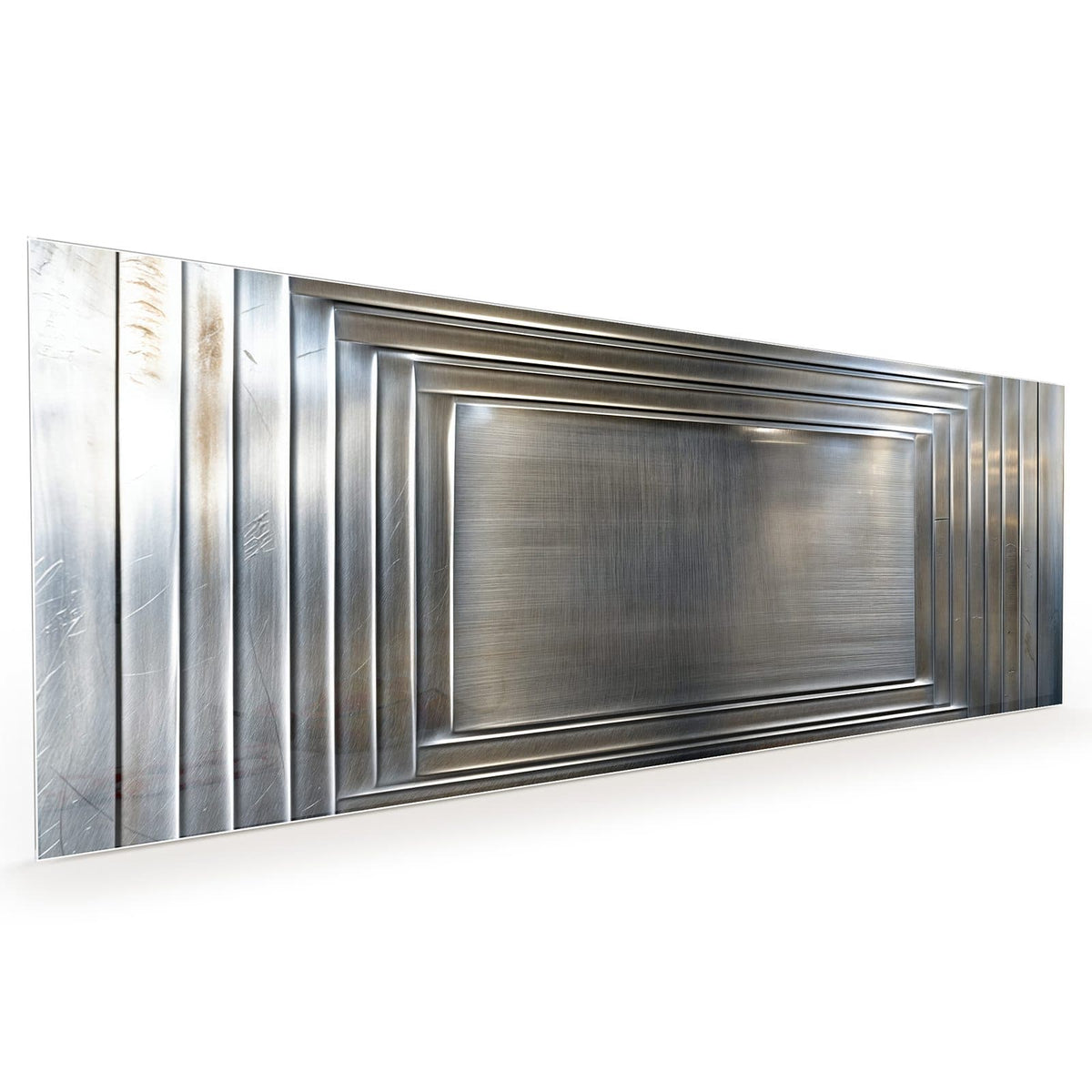 Küchenrückwand aus Glas im Hochformat: Gebürstete Metallplatte mit umlaufenden, ineinanderliegenden Rahmenprofilen wie eine Kassettenfüllung #grösse_40 x 100 cm #grösse_50 x 125 cm #grösse_60 x 150 cm