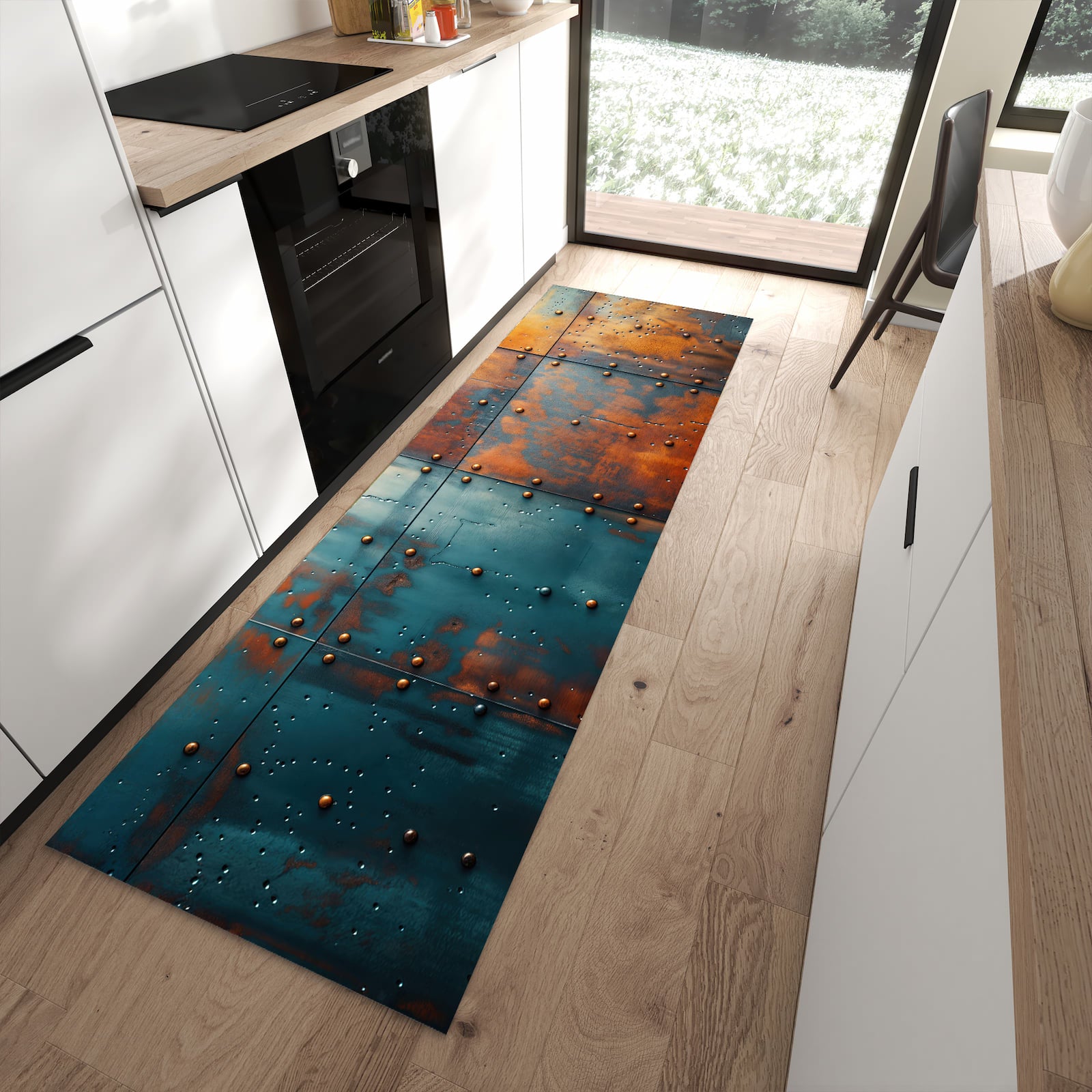 Rutschfester Küchenteppich mit Motiv Industriedesign in moderner Küche