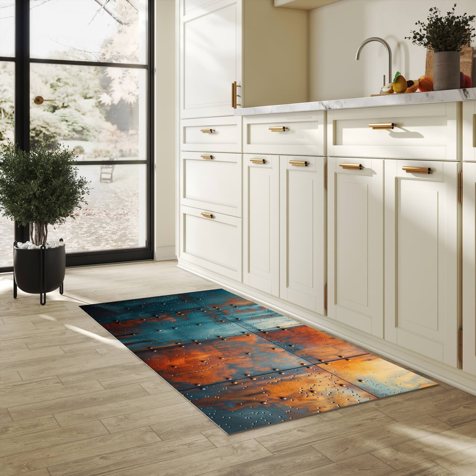 Komfortabler langer Teppich mit Motiv Industriedesign in heller Küche