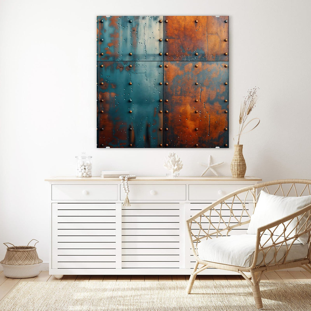 Glasbild Genietetes Blech an der Wand – vier genietete Metallplatten in Blaugrün und Rost