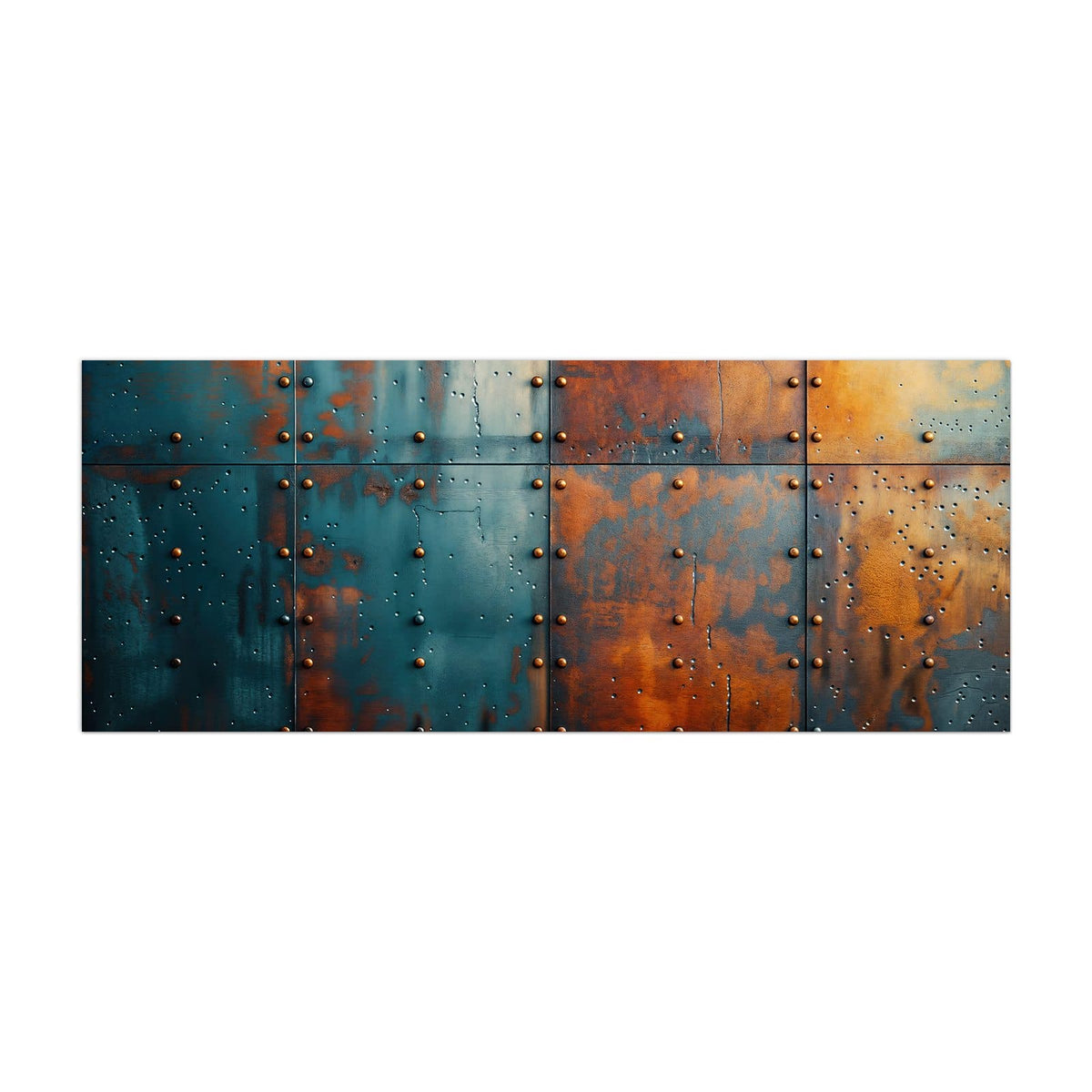Küchenrückwand aus Glas Genietetes Blech im Hochformat, Motiv bildfüllend von vorn