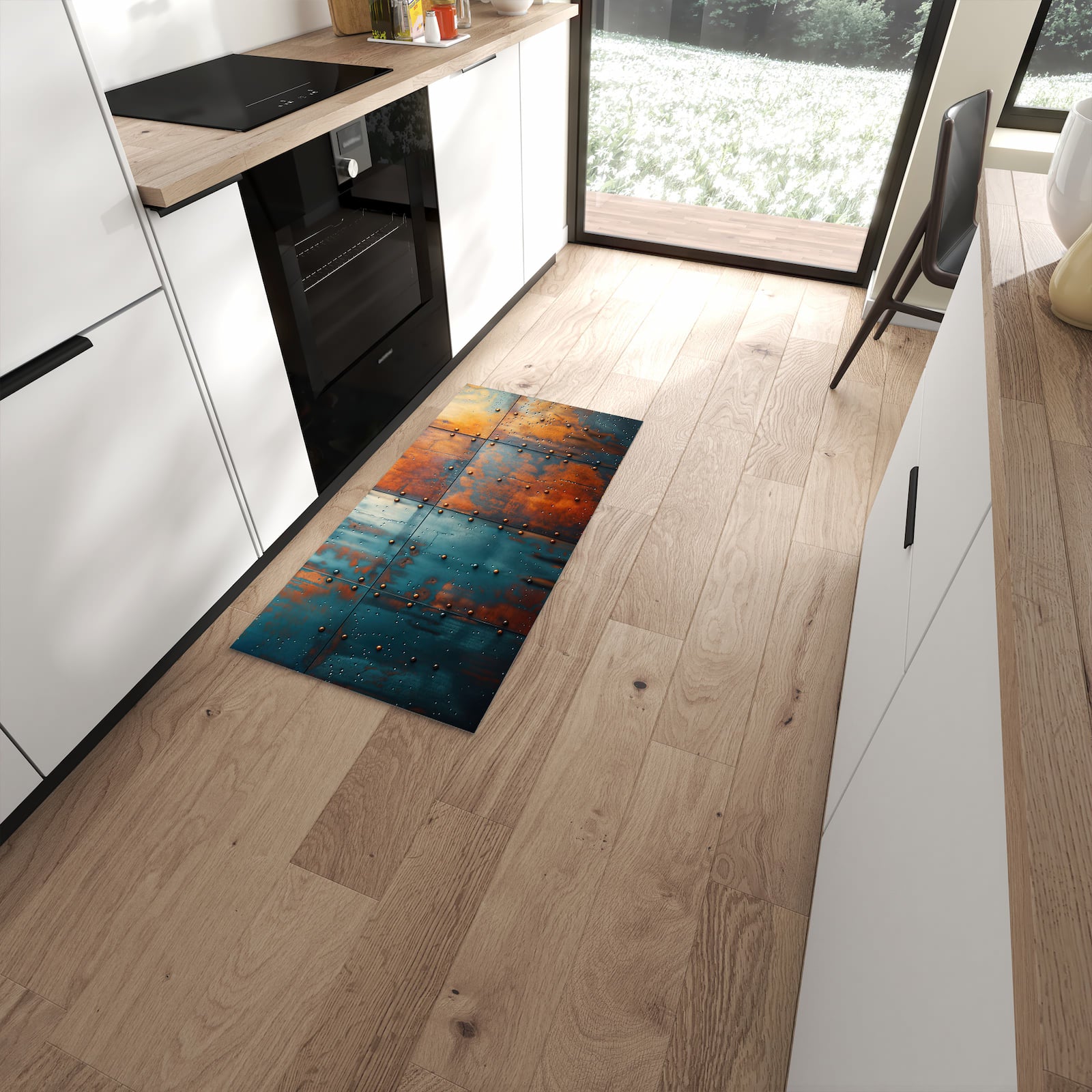 Wasserabweisender Teppich für Esstisch mit Motiv Industriedesign in moderner Küche