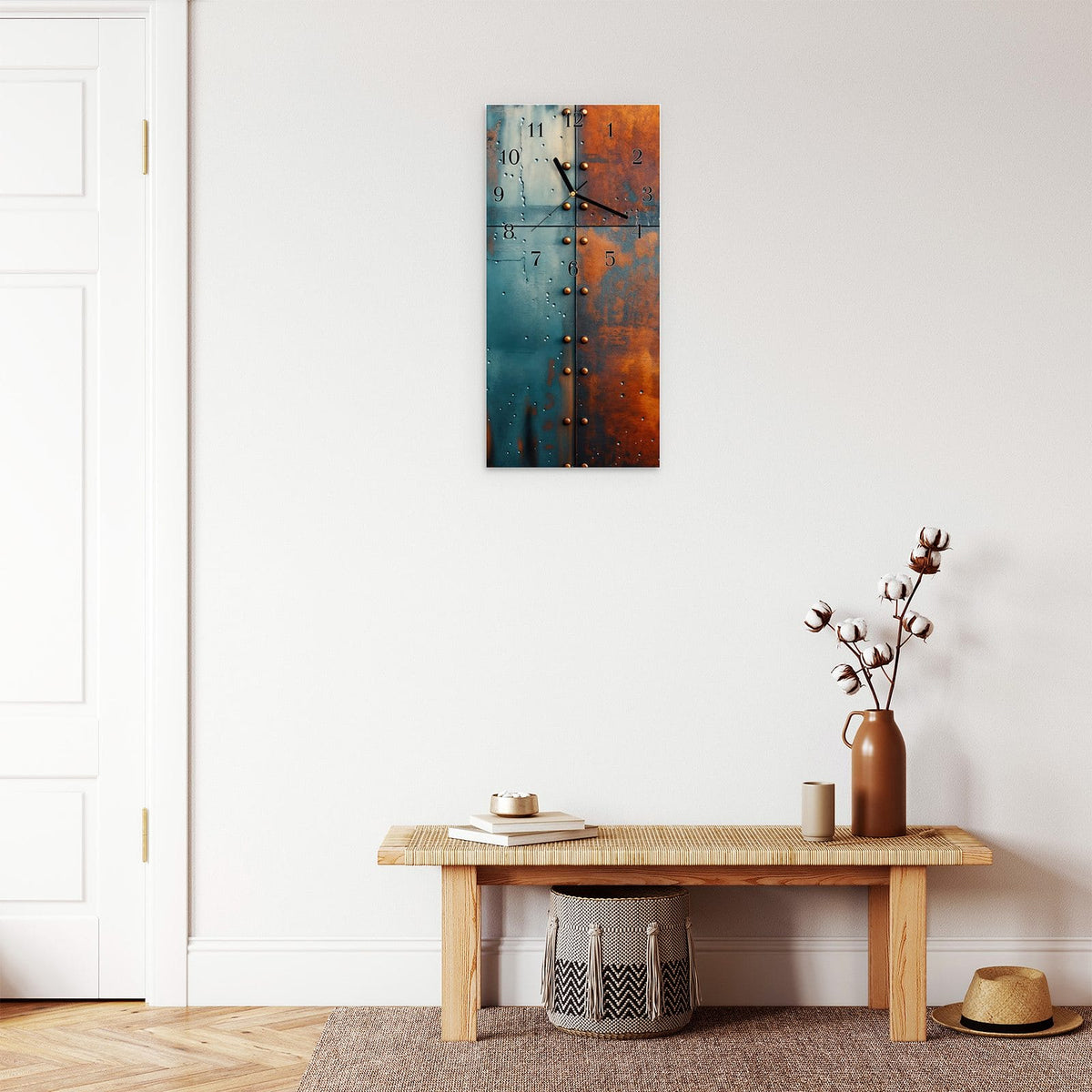 Moderne Wanduhr aus Glas mit Farbtiefe – Wanduhr Industriedesign aus Glas – Hochformat 30 × 60 cm