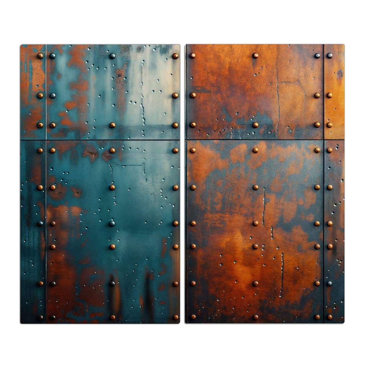 vier genietete Metallplatten in Blaugrün und Rost