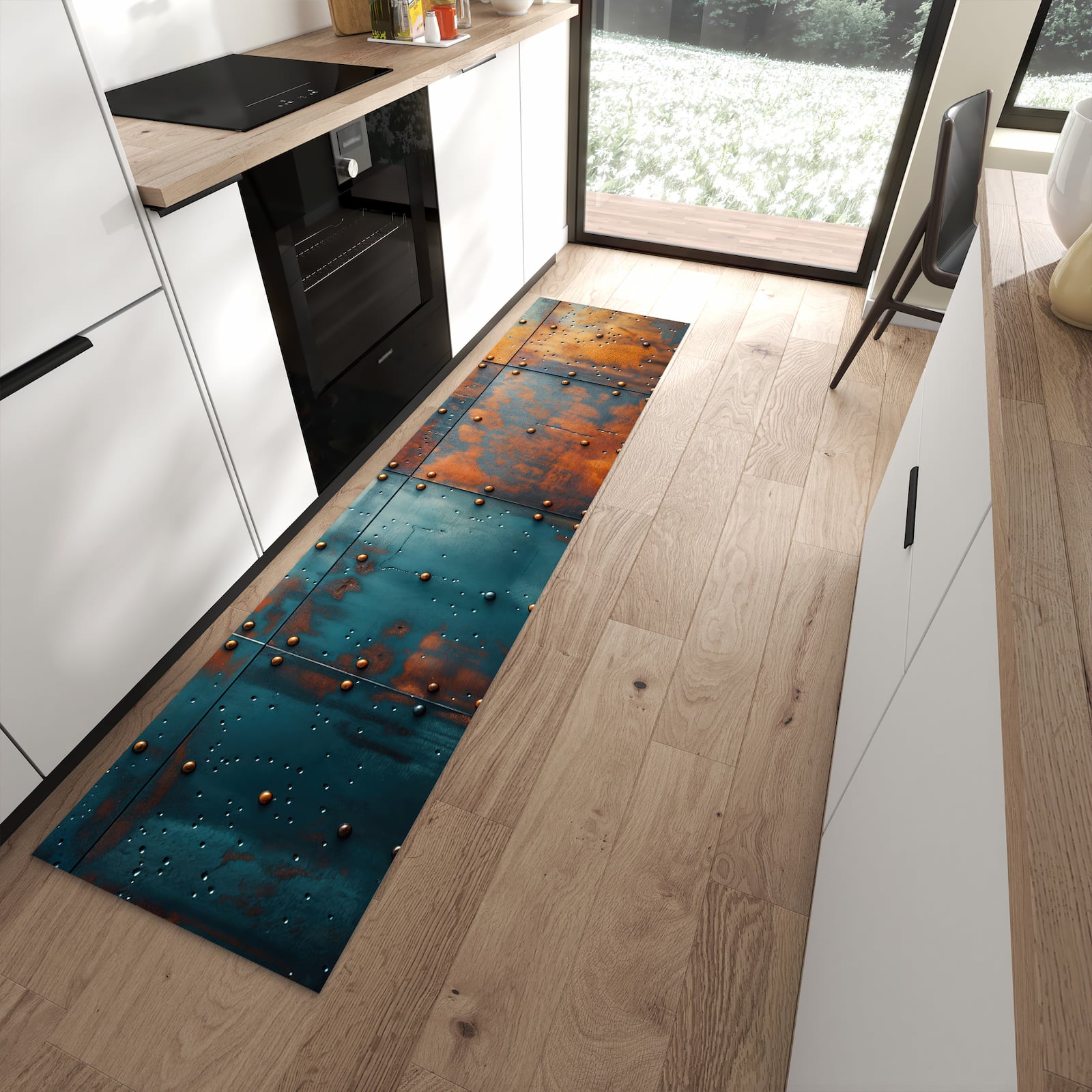 Geruchsneutraler Bodenläufer Teppich mit Motiv Industriedesign in moderner Küche